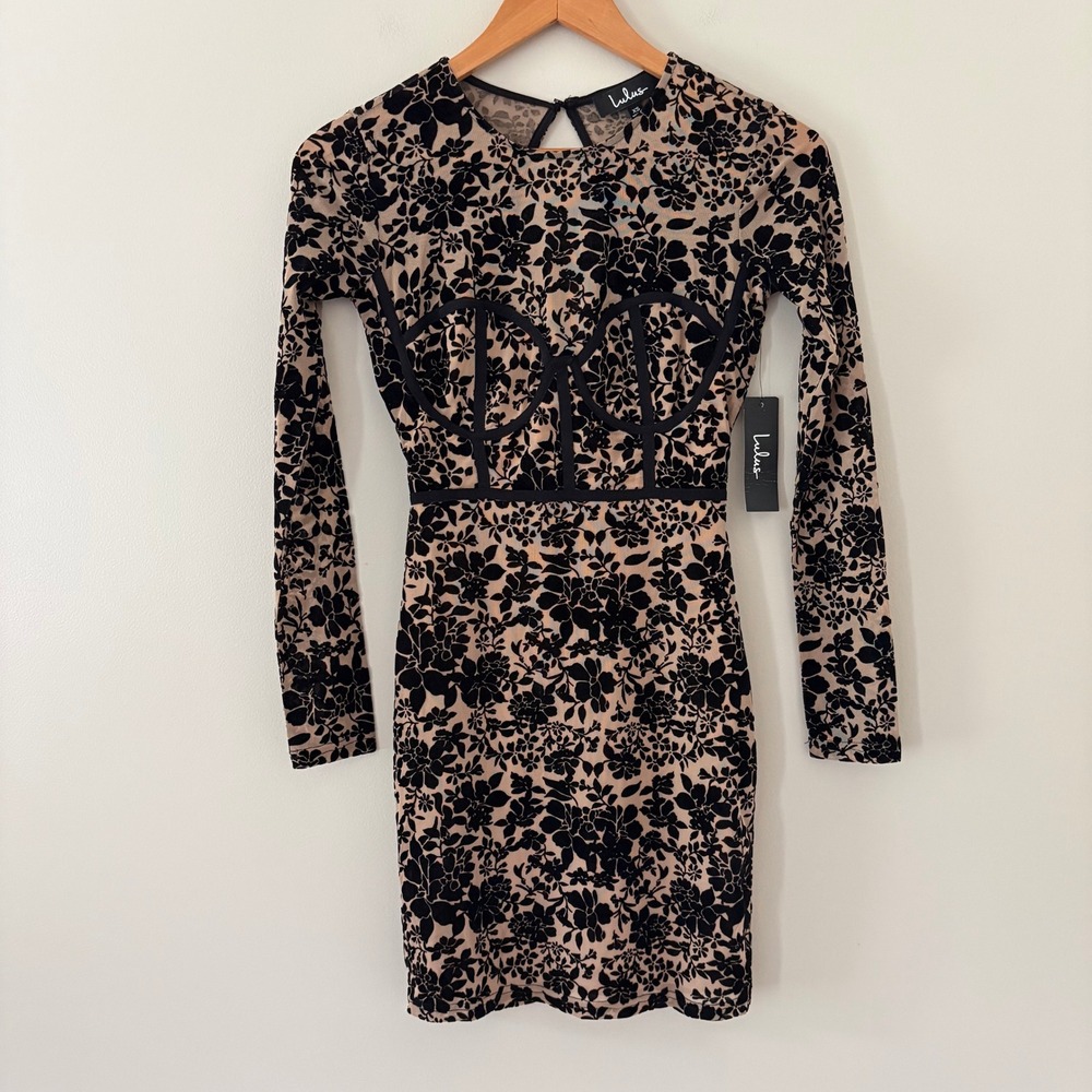 Lulus Dress XS Tan Black Floral Flocked Velvet Mesh Corset Bodycon Mini